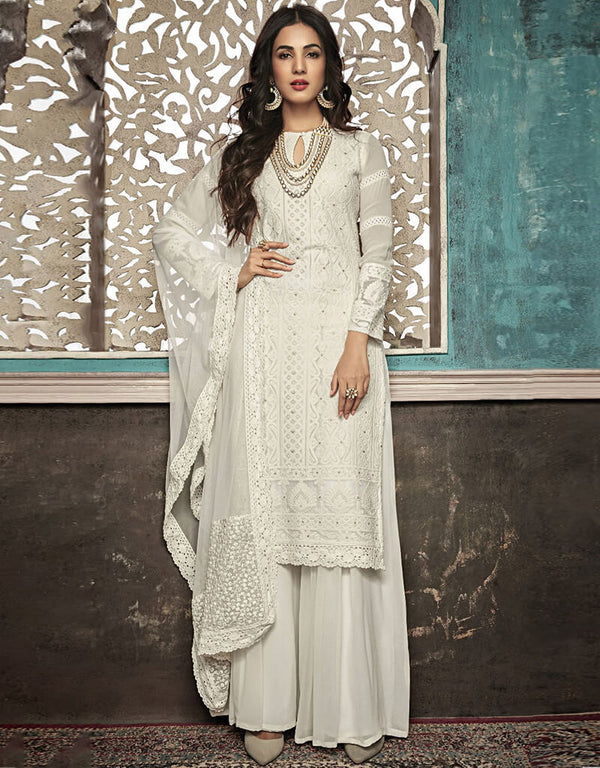 White Palazzo style Suit Faux Georgette Salwar Kameez in Heavy Embroidery & Lace Work